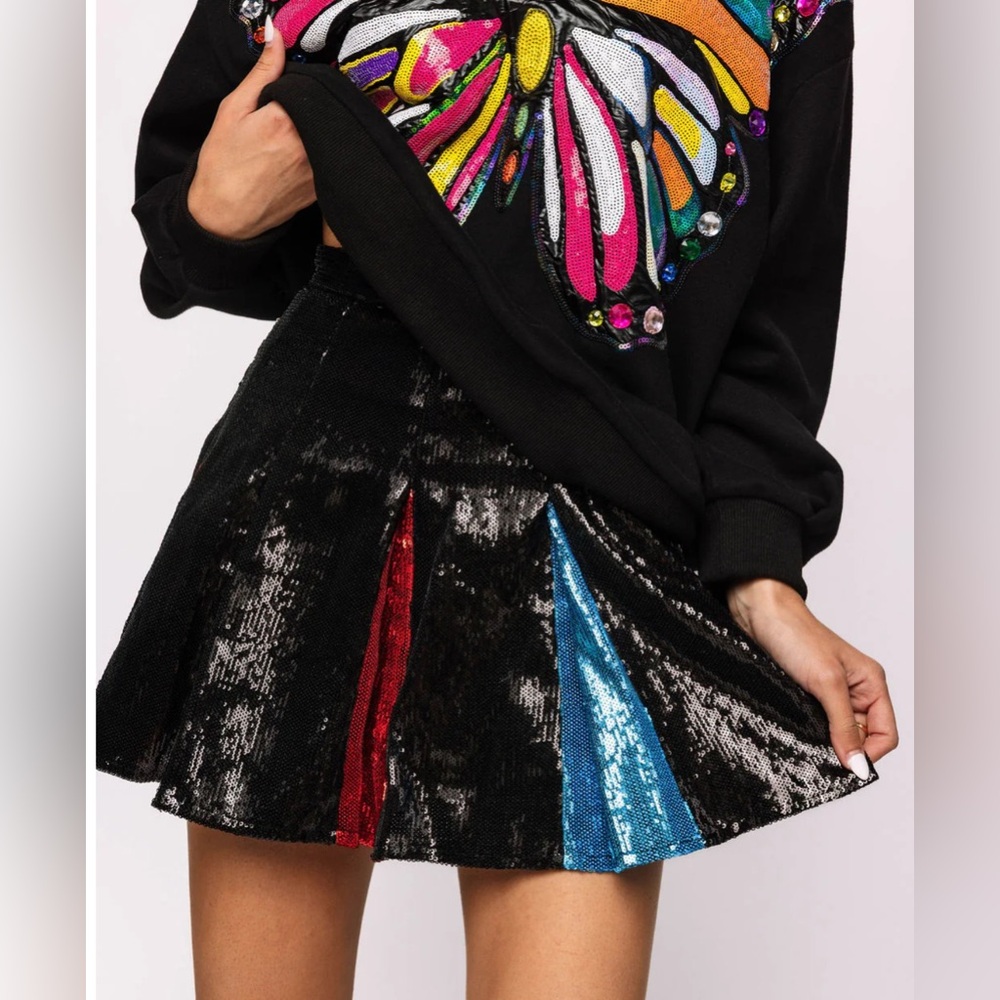 New! QUEEN OF SPARKLES Rainbow Sequin Pleated Mini Skort